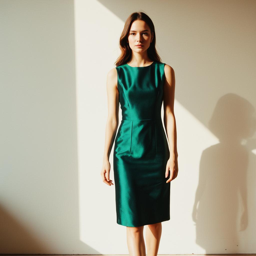 Elegant Woman in Emerald Green Satin Dress with Soft Natural Light
