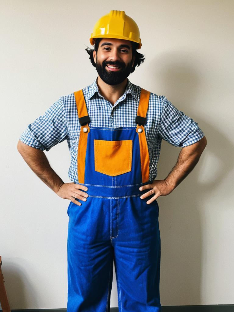 Man Wearing Bob Builder Costume with Yellow Hard Hat and Blue Overalls