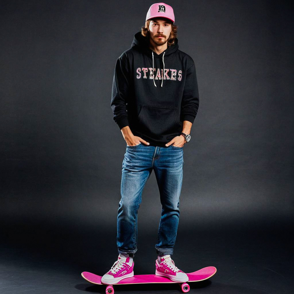 Young Man on Pink Skateboard in Streetwear Young Man on Pink Skateboard in Streetwear