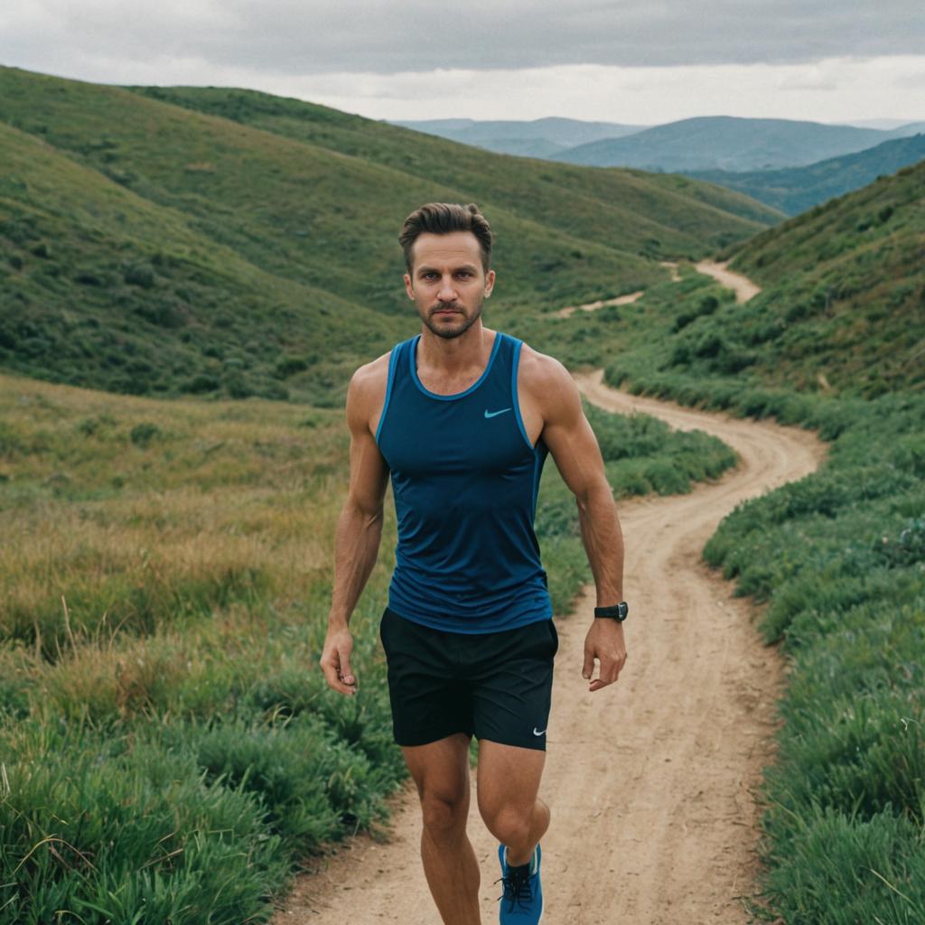 Man in Blue Tank Top Walking on Scenic Dirt Path