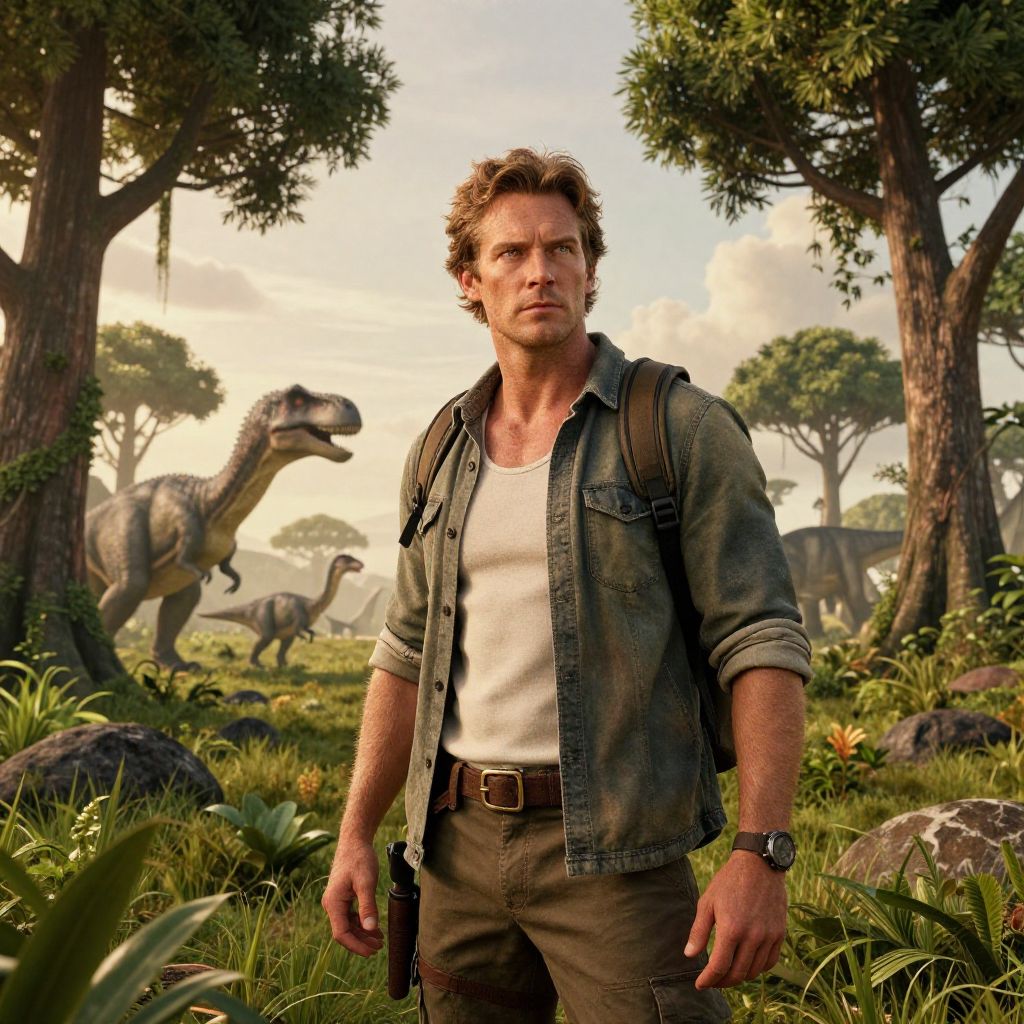 Man Explorer in Prehistoric Landscape with Dinosaurs CGI Scene
