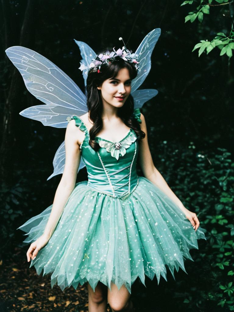 Enchanted Fairy Costume with Wings and Floral Crown in Forest