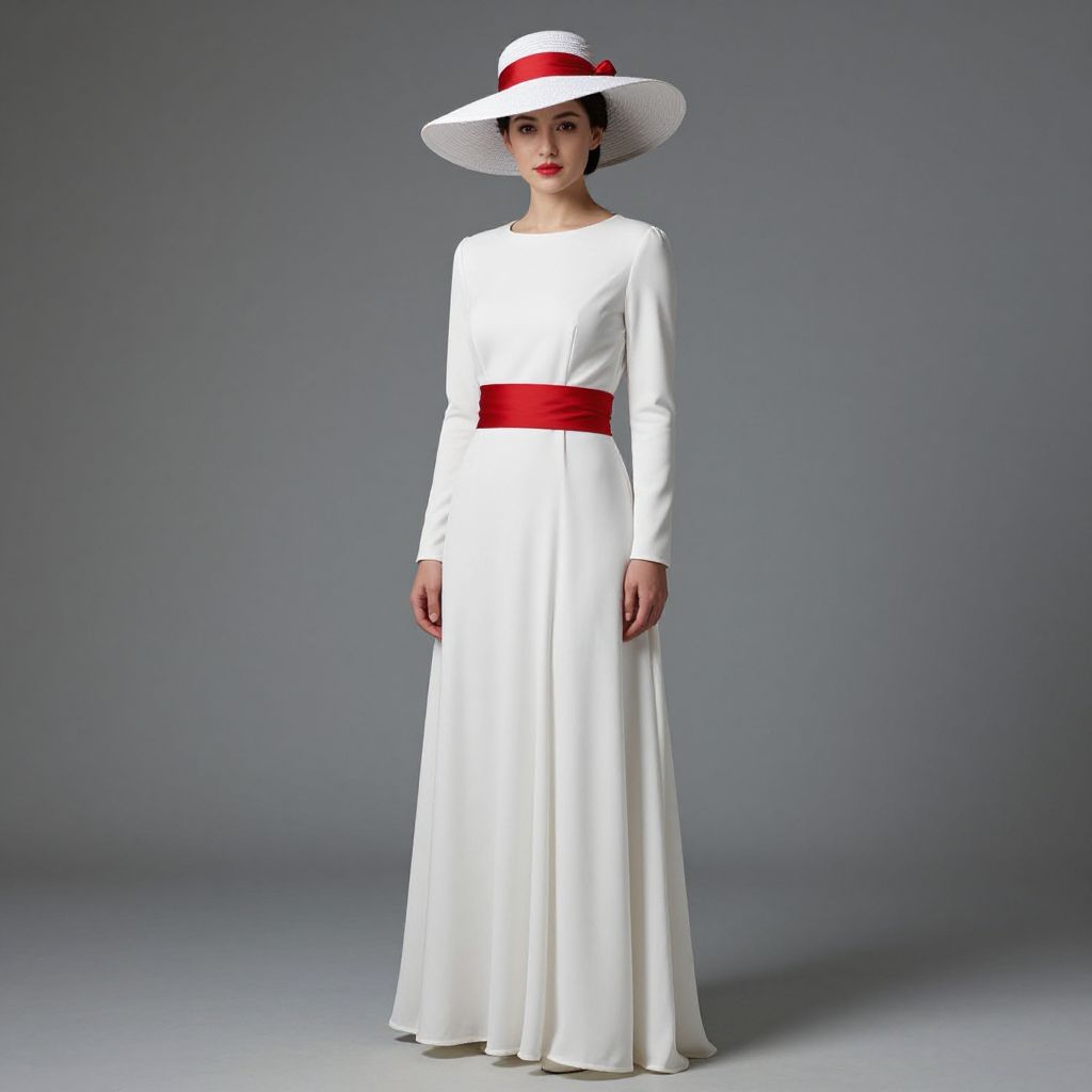 Elegant Woman in White Dress with Red Waistband and Wide-Brimmed Hat