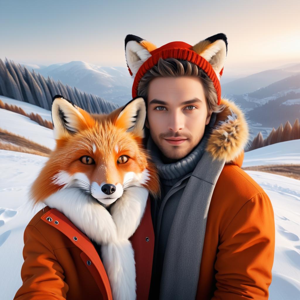 Whimsical Winter Selfie: Man & Fox Character in Orange Outerwear