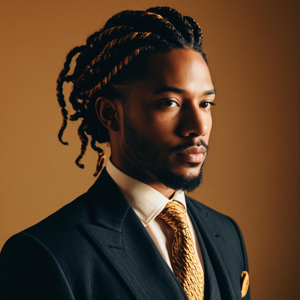 Professional Portrait of Stylish Man in Black Suit with Gold Tie