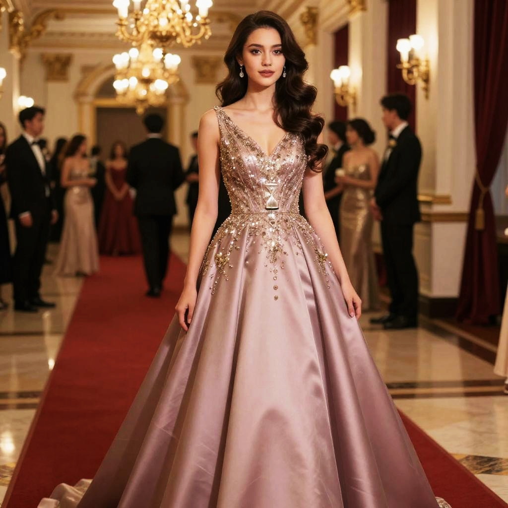 Elegant Woman in Sleeveless Embellished Ball Gown at Formal Event