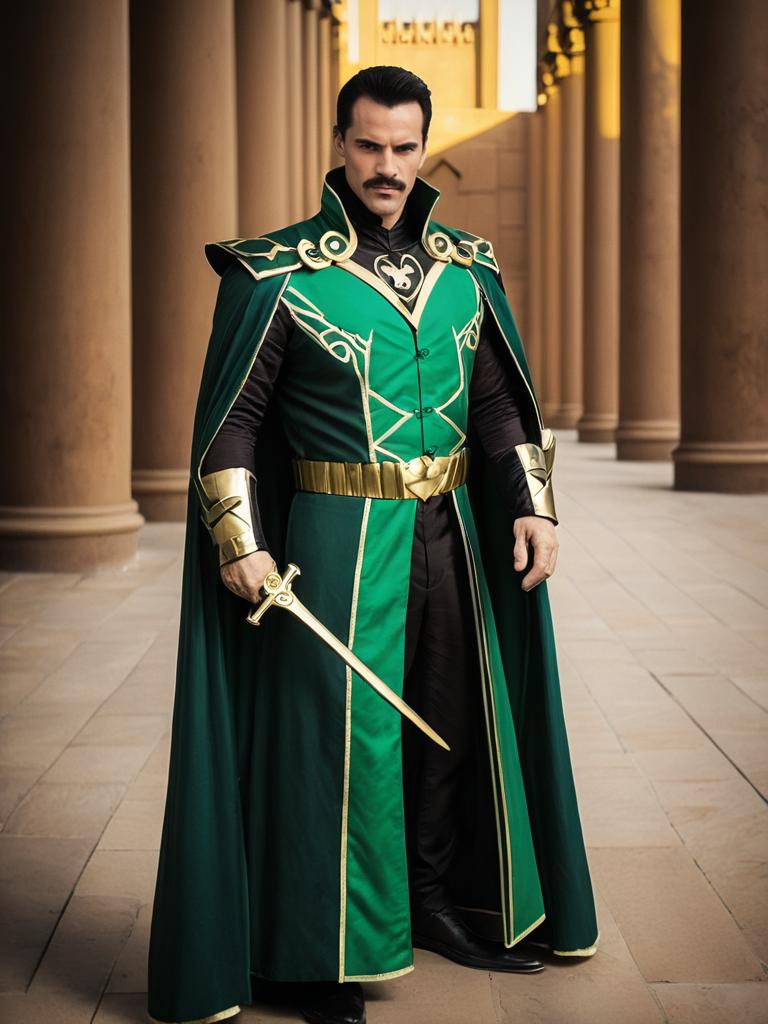Realistic Ra's al Ghul Cosplay Man in Green and Gold Costume with Sword