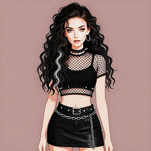 Edgy Gen Z Woman in Fishnet Top and Leather Skirt Digital Illustration