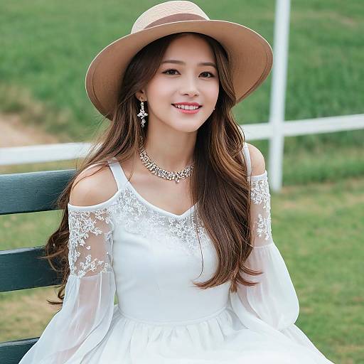 Elegant Young Woman in White Lace Dress Sitting Outdoors with Beige Hat