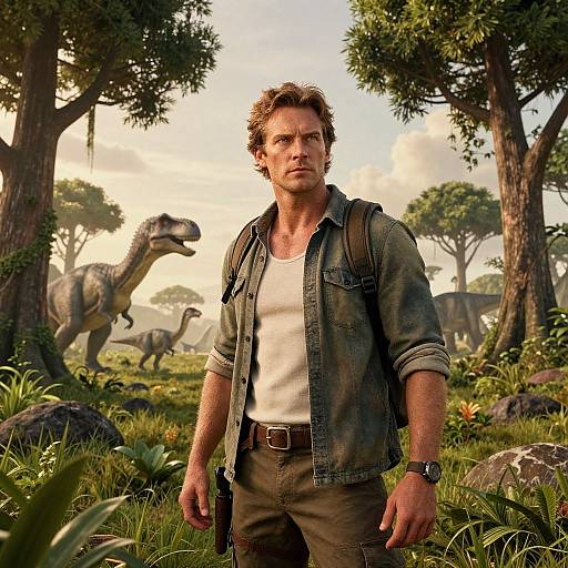 Man Explorer in Prehistoric Landscape with Dinosaurs CGI Scene