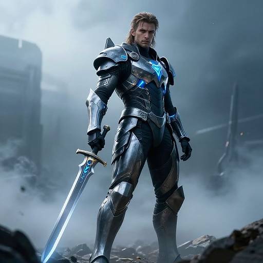 Futuristic Knight in Advanced Armor Holding Glowing Sword