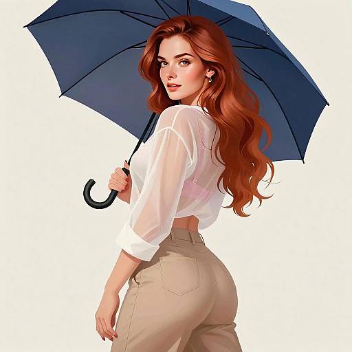 Stylish Redhead Woman with Umbrella Digital Illustration