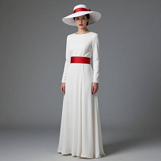 Elegant Woman in White Dress with Red Waistband and Wide-Brimmed Hat
