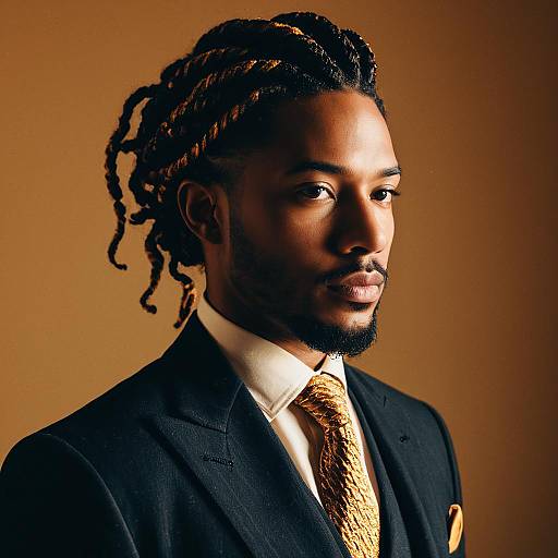 Professional Portrait of Stylish Man in Black Suit with Gold Tie