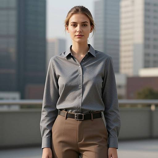 Professional Woman Wearing Grey Shirt and Brown Trousers in Urban Setting