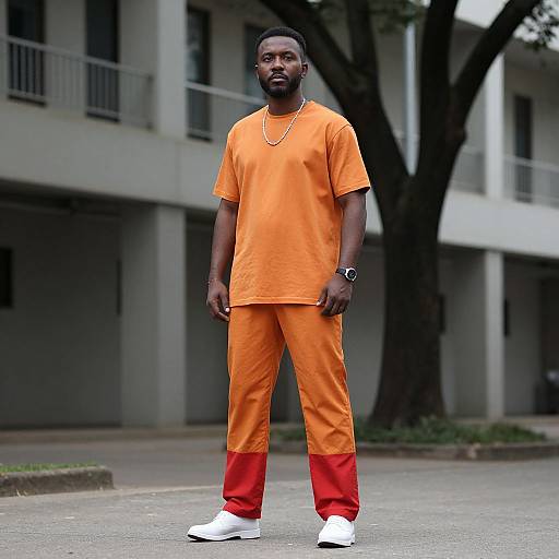 Man Wearing Orange and Red Color Block Streetwear Outfit
