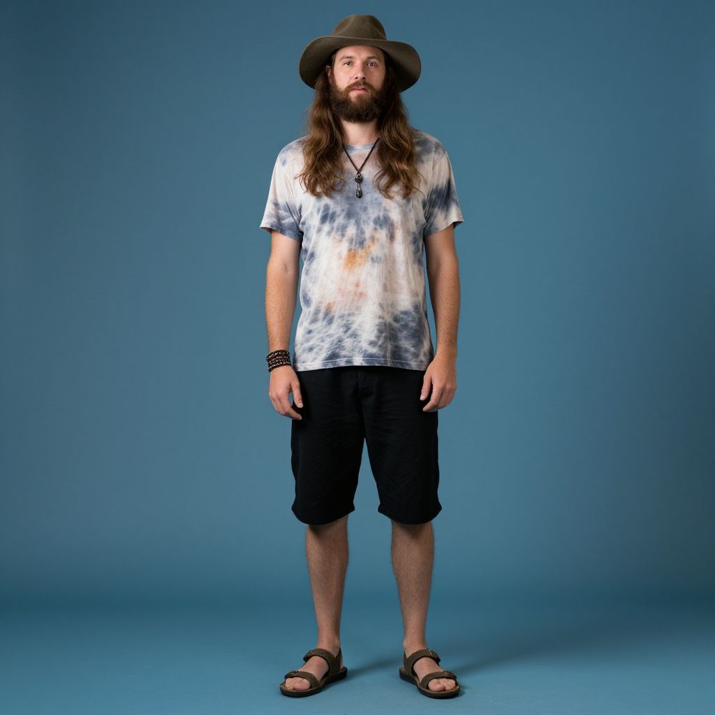 Casual Bohemian Man in Tie-Dye T-Shirt and Wide-Brimmed Hat