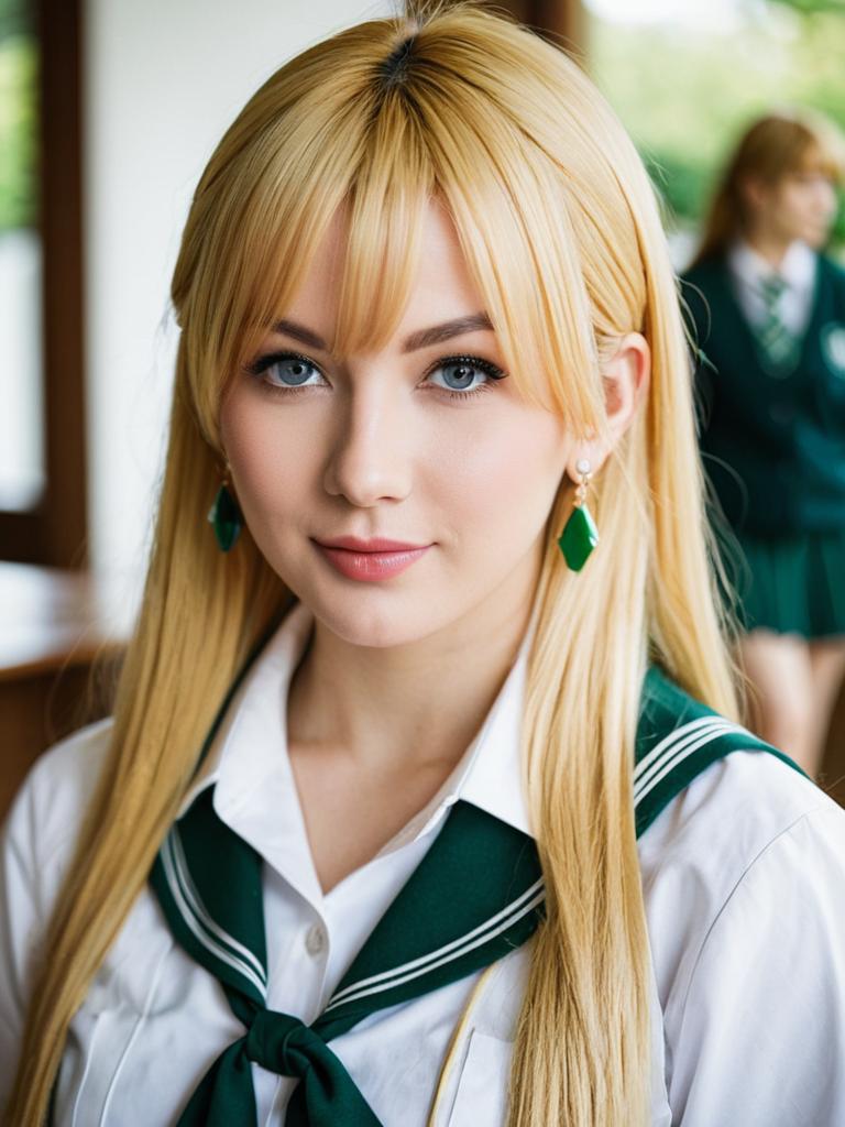 Blonde Woman in Japanese School Uniform with Green Sailor Collar