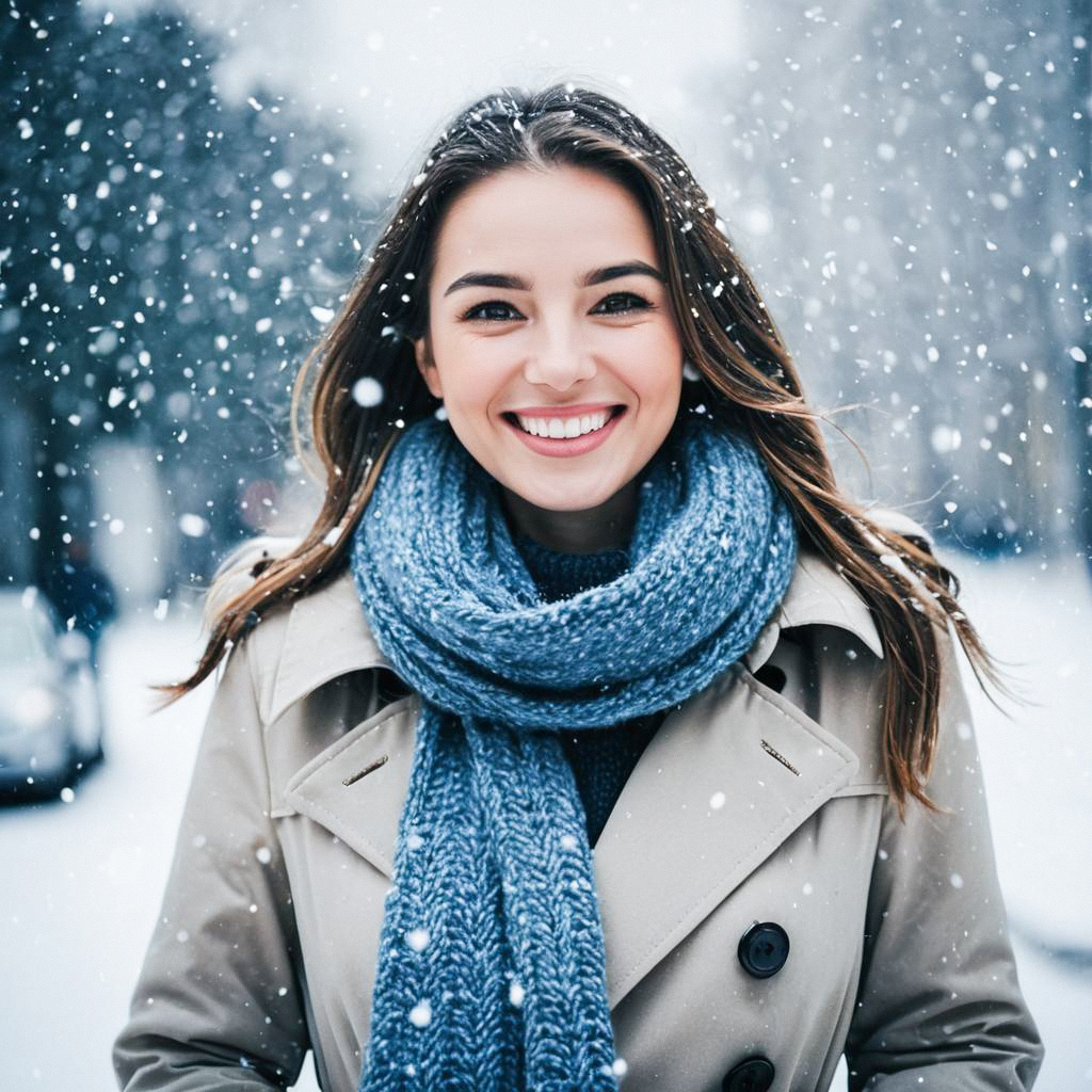 Cheerful Woman in Beige Coat and Blue Scarf in Snow Cheerful Woman in Beige Coat and Blue Scarf in Snow
