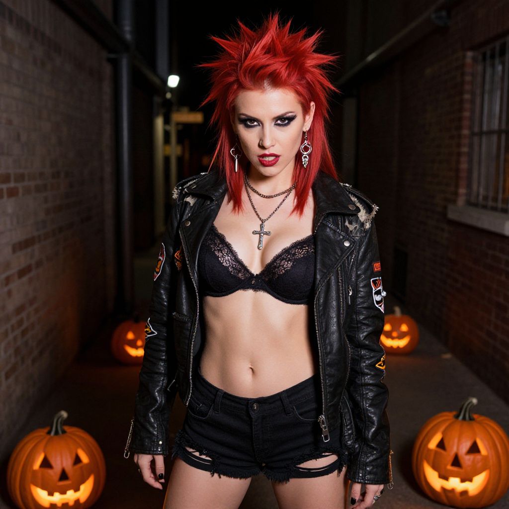 Punk Rock Woman with Red Hair and Halloween Pumpkins in Dark Alley
