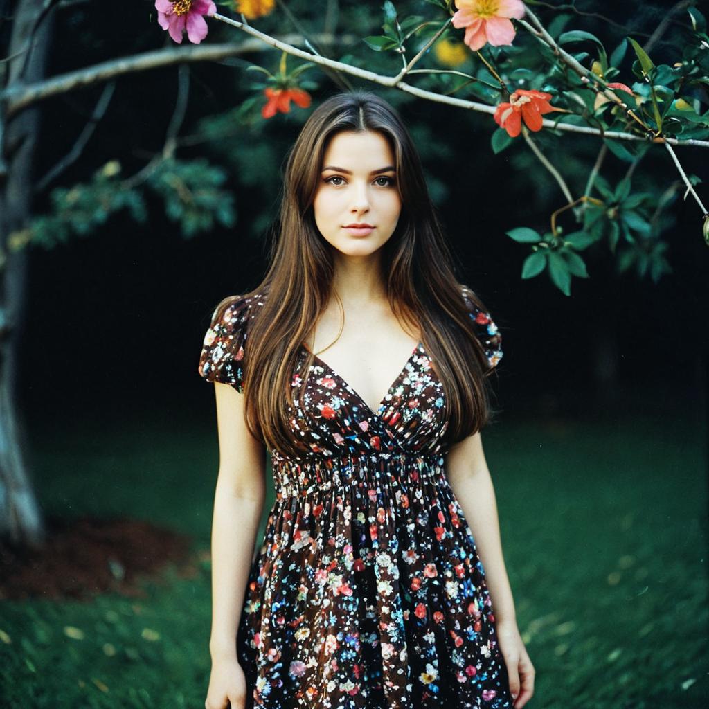 Young Woman in Floral Dress Under Blossoming Tree Outdoors