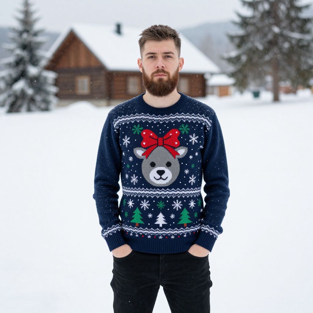 Man Wearing Festive Christmas Sweater in Snowy Winter Landscape