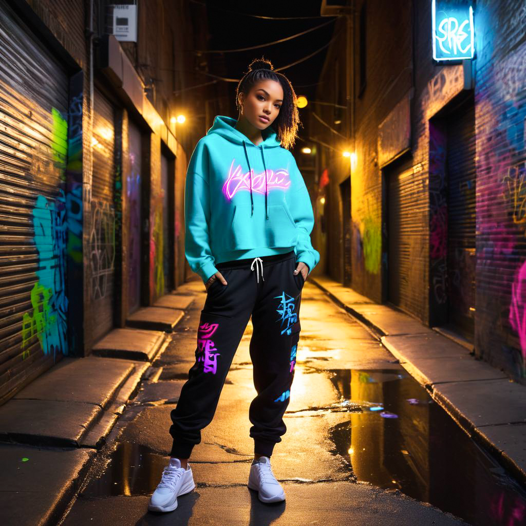 Stylish Young Woman in Turquoise Hoodie in Neon Alley