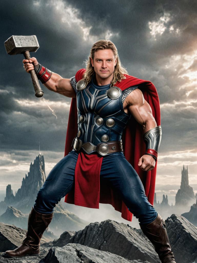 Thor with Mjolnir under dramatic sky