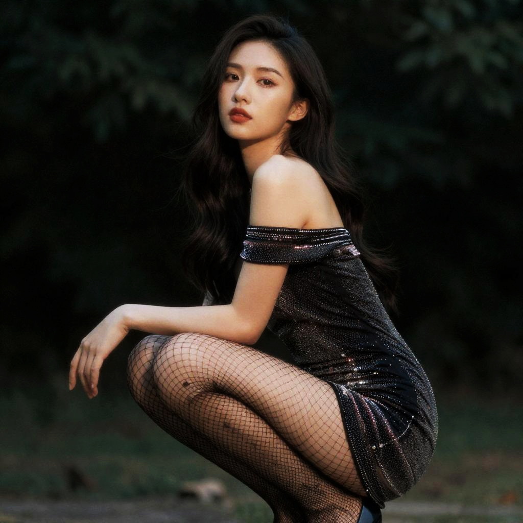 Elegant Woman in Off-Shoulder Black Dress and Fishnet Stockings Outdoor Portrait