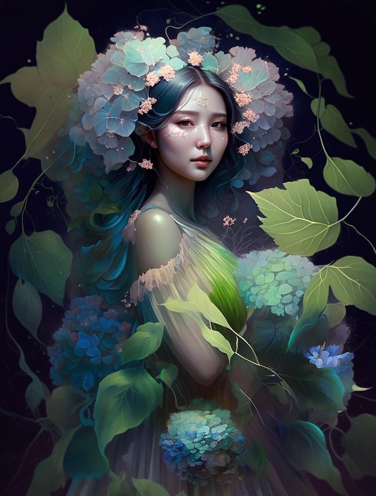 Ethereal Fantasy Portrait of a Young Woman with Flowers