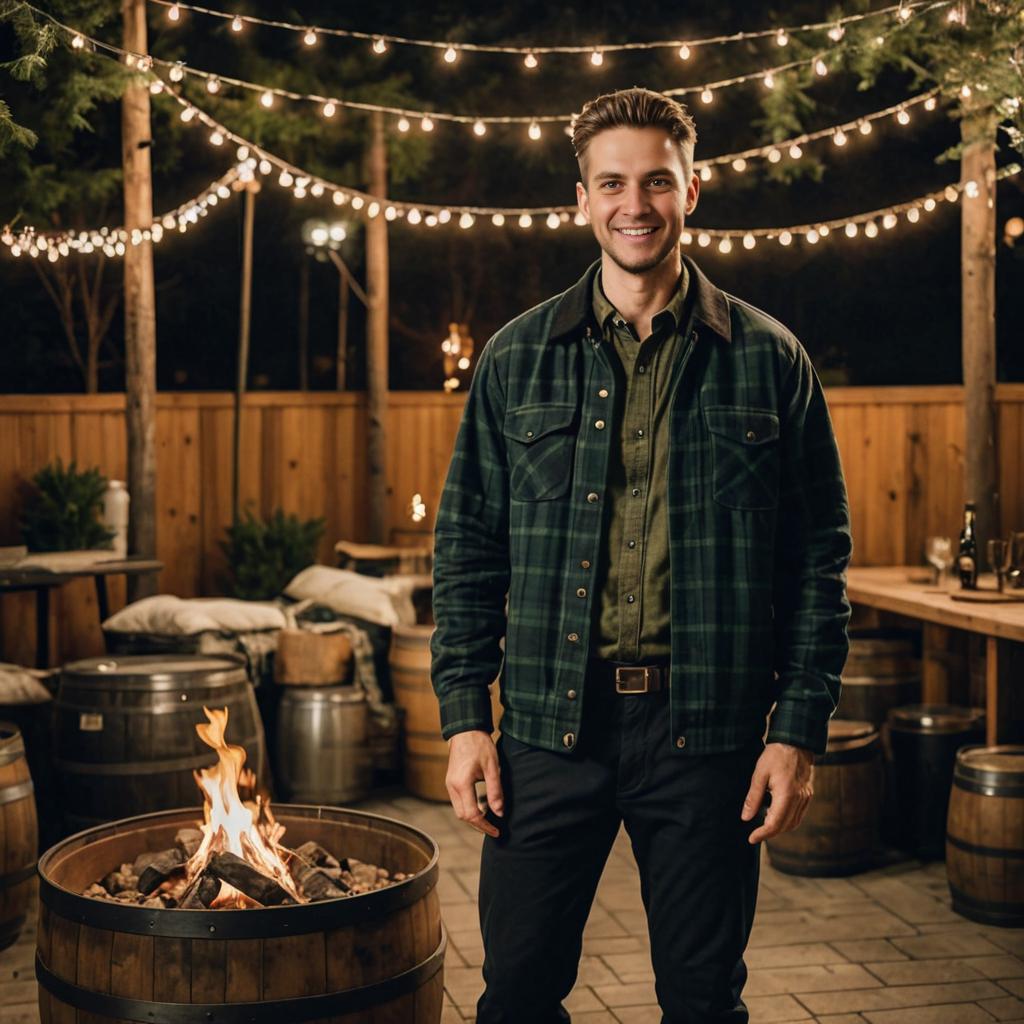 Confident Man Smiling at Night with Warm Lighting