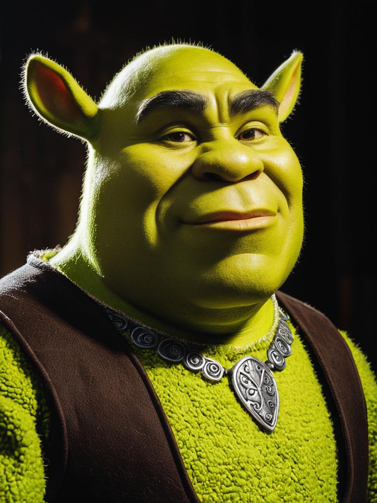 Man in Shrek Costume Cinematic Realism Detailed Cosplay Portrait