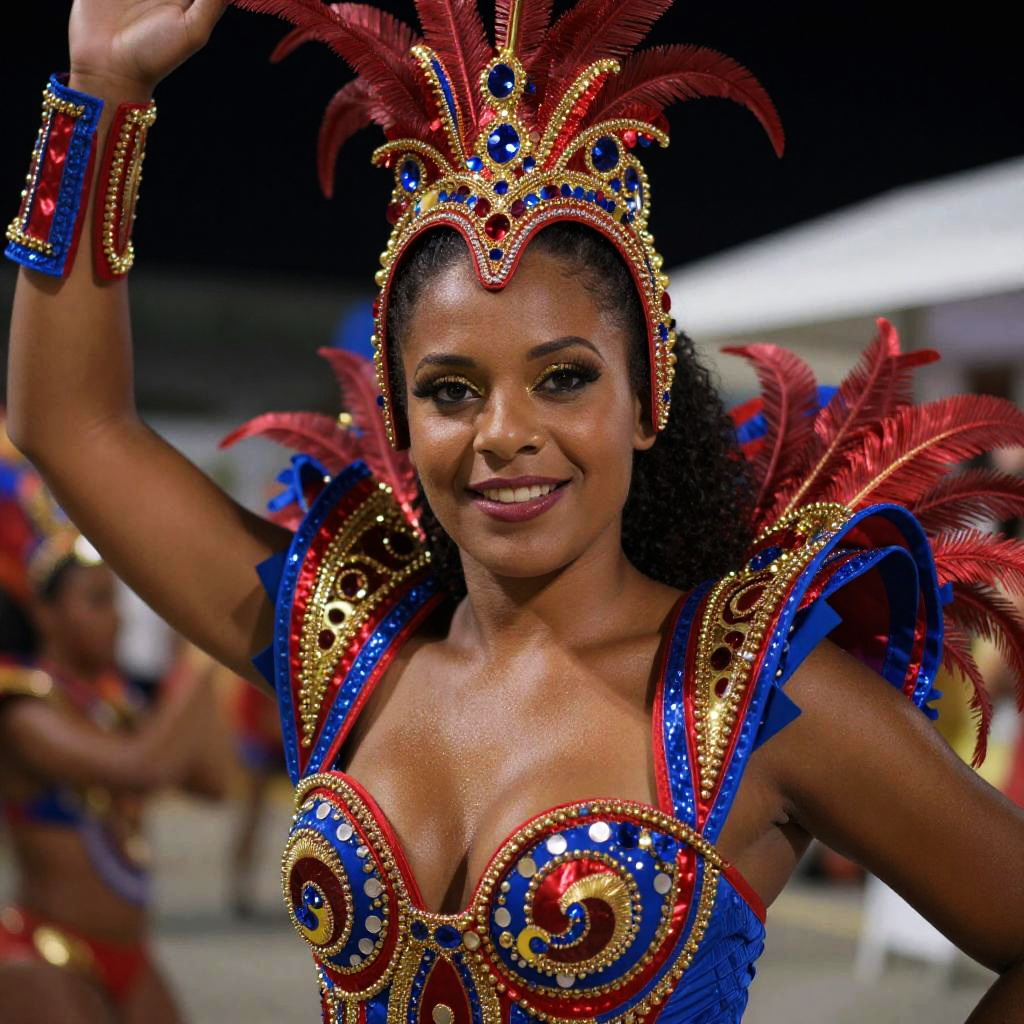 Woman in Colorful Red Blue Gold Carnival Costume with Feathers