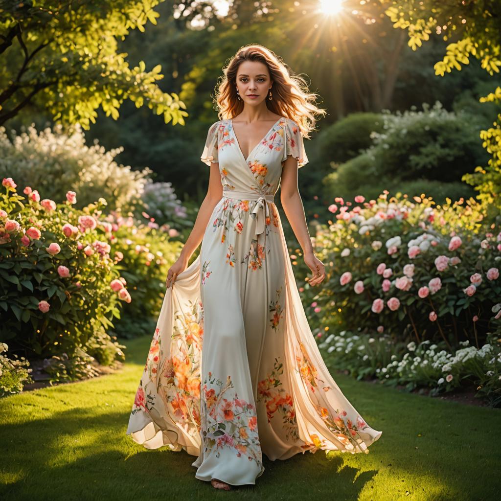 Serene Woman in Floral Dress in Lush Garden