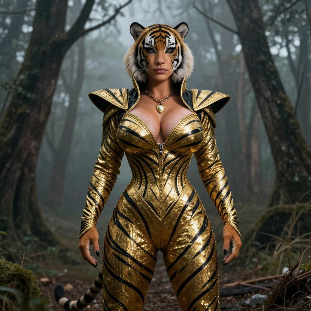 Woman in Golden Tiger-Striped Bodysuit and Face Paint in Forest
