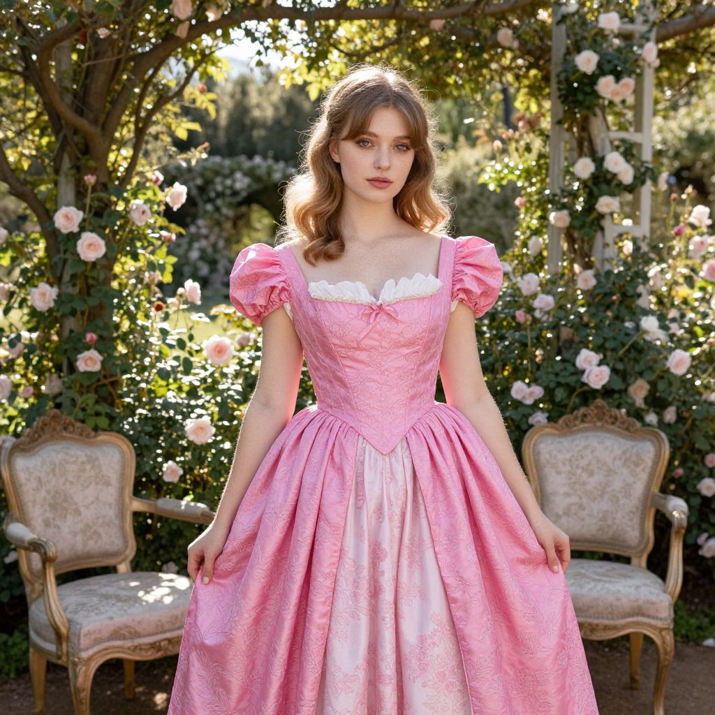 Victorian Style Woman in Pink Gown Amidst Rose Garden