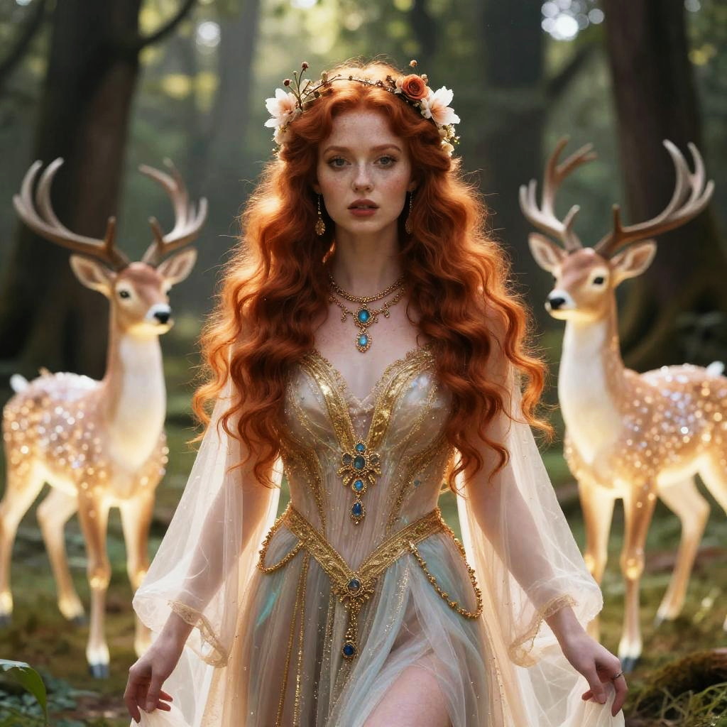 Red-Haired Woman in Gold Fantasy Gown with Glowing Deer in Enchanted Forest