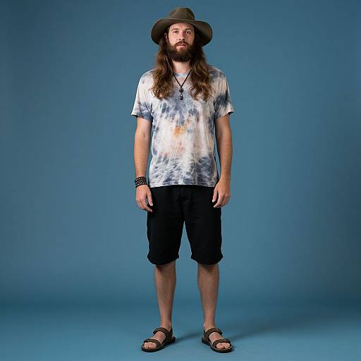 Casual Bohemian Man in Tie-Dye T-Shirt and Wide-Brimmed Hat