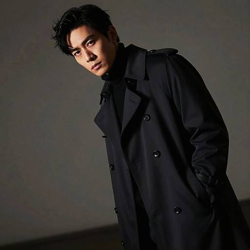 Stylish Young Man in Black Trench Coat Fashion Portrait