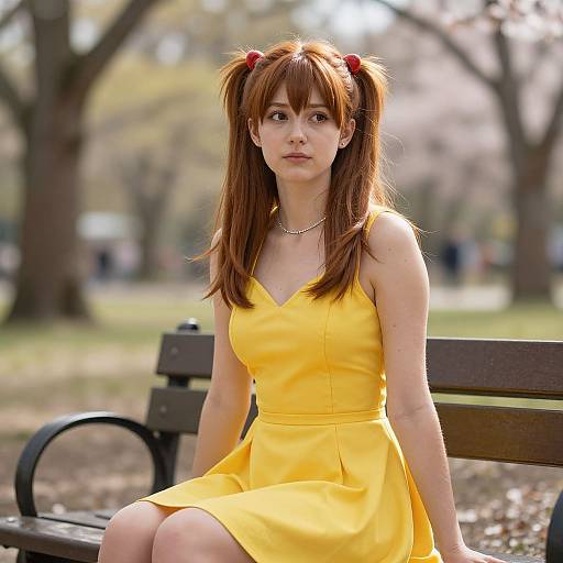 Young Woman in Yellow Dress Sitting on Park Bench