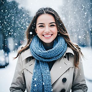 Cheerful Woman in Beige Coat and Blue Scarf in Snow