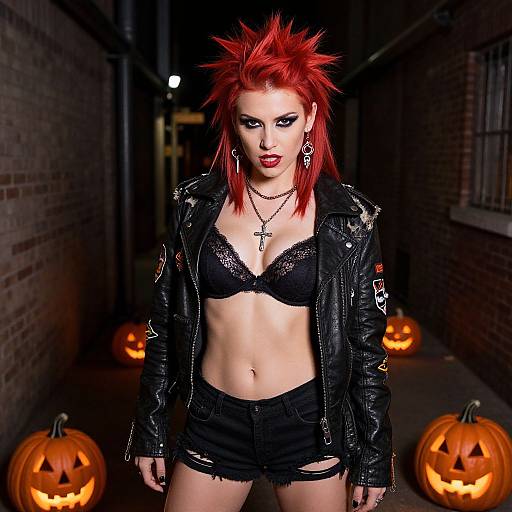 Punk Rock Woman with Red Hair and Halloween Pumpkins in Dark Alley
