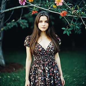 Young Woman in Floral Dress Under Blossoming Tree Outdoors