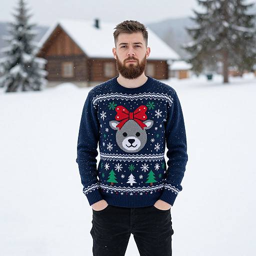 Man Wearing Festive Christmas Sweater in Snowy Winter Landscape