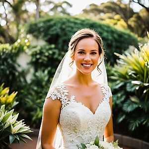 Radiant Bride in Lace Dress with Bouquet