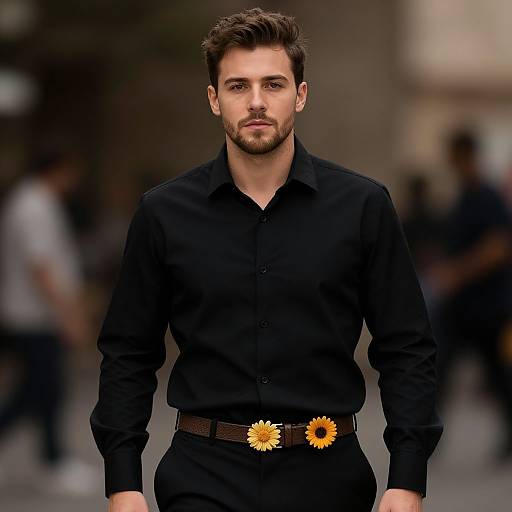 Confident Young Man in Black Shirt with Floral Belt Accessory