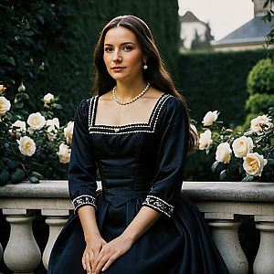 Elegant woman in vintage black gown in lush garden