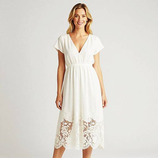 Woman Wearing White Midi Dress with Lace Hem and V-Neck