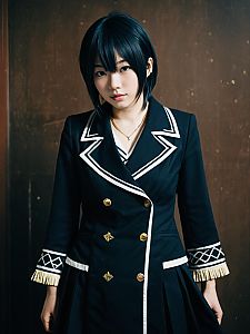 Realistic Nico Himuro Cosplay Woman in Detailed Navy Blue Costume