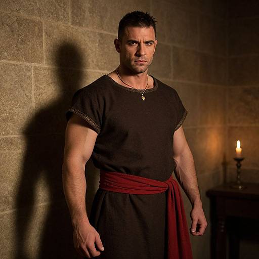 Roman Style Man in Ancient Tunic with Red Sash and Candlelight